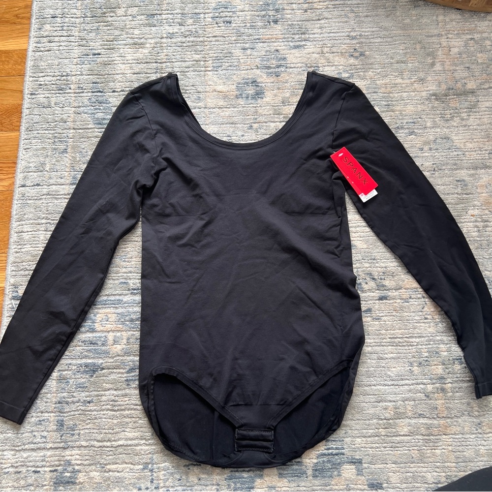Spanx Women's Black Long Sleeve Scoopneck Slimming Base Body Suit XL NWT